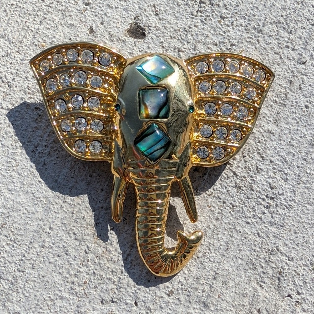 Gold Tone Elephant Head Brooch Rhinestone Abalone Shell Inlay Safari Pin